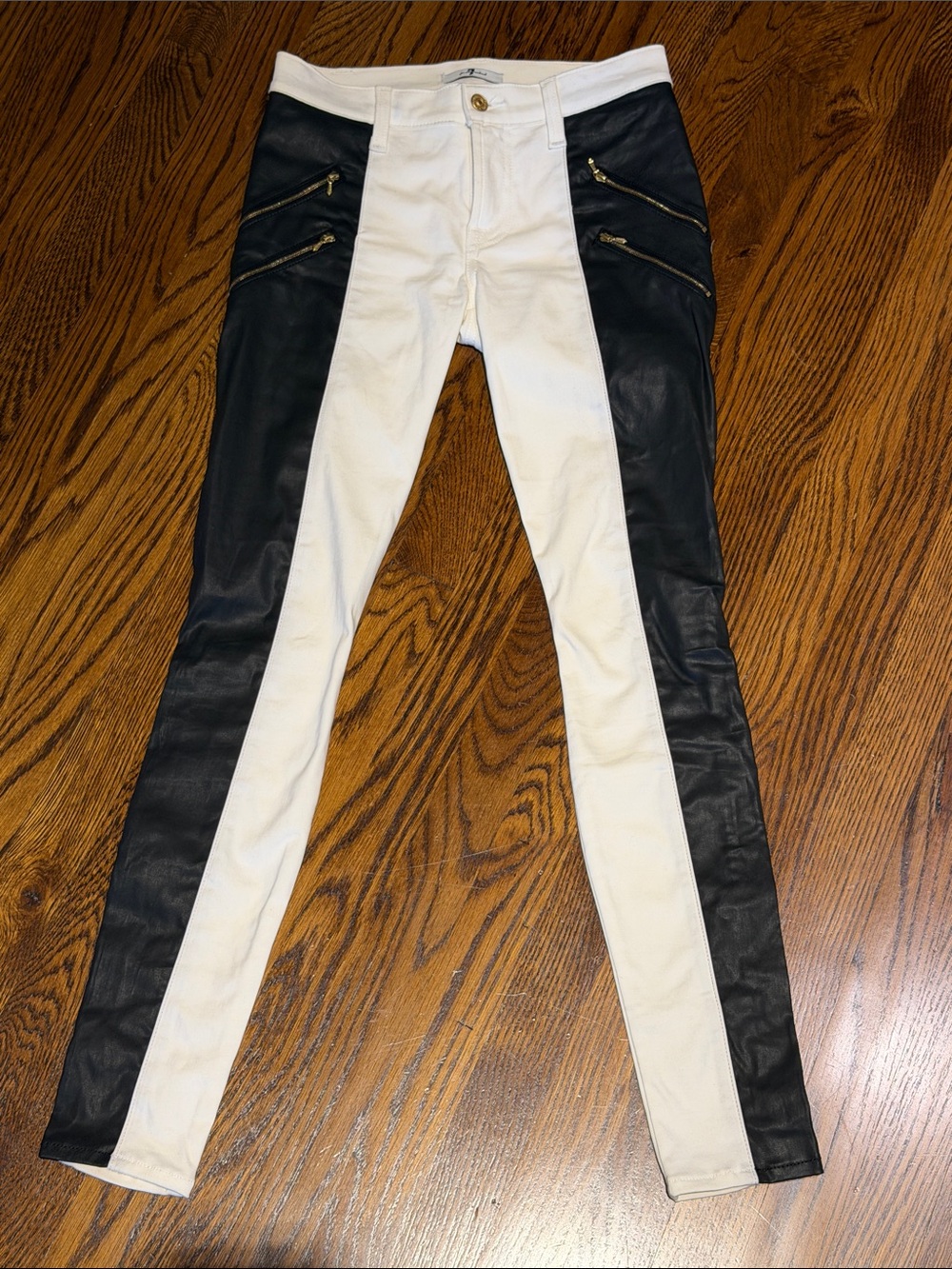 7 For All Mankind Black and White Two-Tone Skinny Jeans with Zip Details